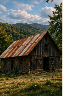 Weathered barn with rusted tin roof in a mountain meadow