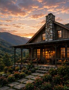 Timber-and-stone mountain home glowing warmly at sunset